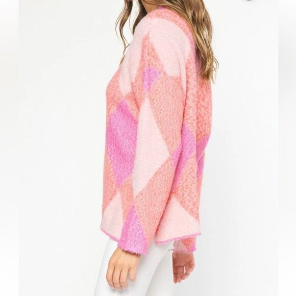Entro Pink Orange Argyle Pullover Sweater Size M - Picture 3 of 13